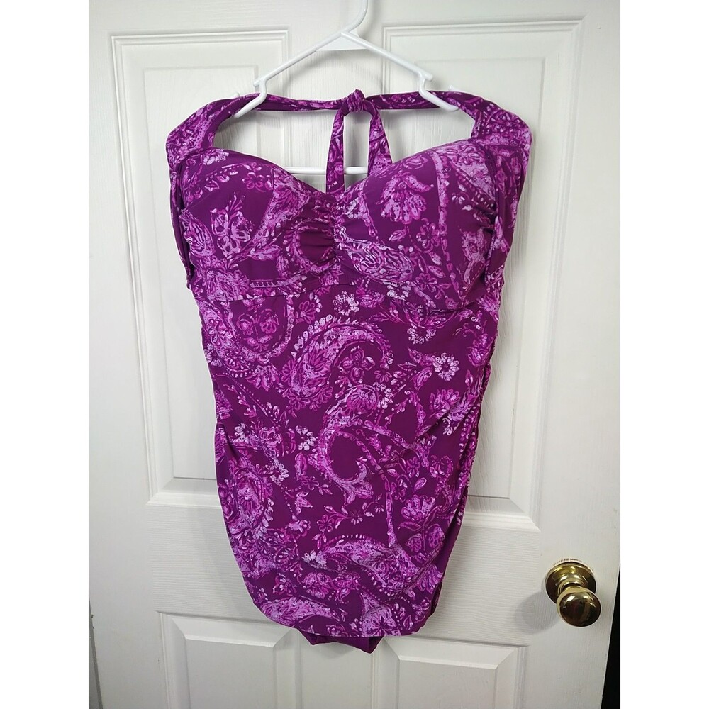 Bal Harbour Woman 18 Swimsuit Dress One Piece Scrunch Sides Purple Paisley...